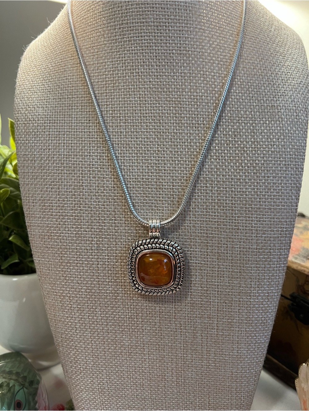 Sterling-Tone Amber Cushion Pendant Necklace in Silver